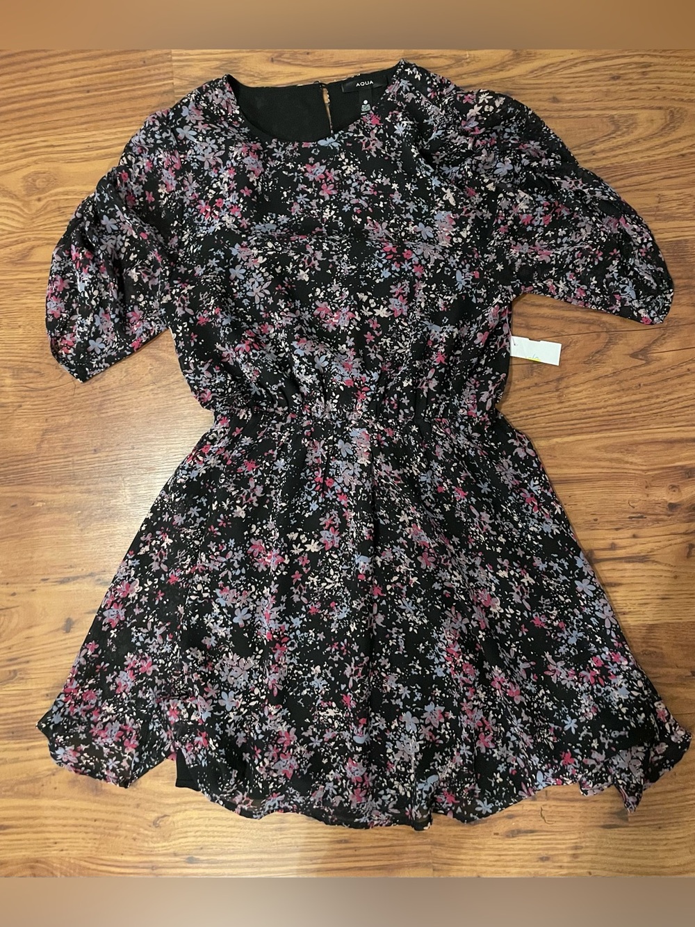 Aqua Black Mini Dress with Pink & Lavender Floral Print